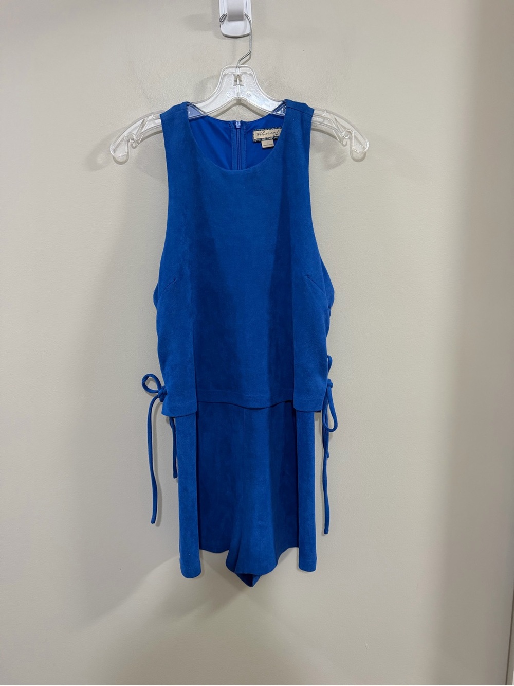 Sleeveless Blue Suede-Look Tie Romper by Ethereal by Paper Crane